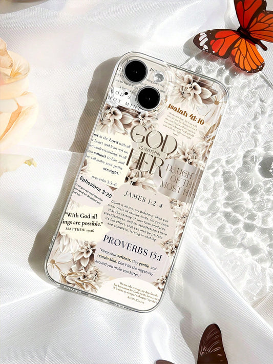 1pc Bible Floral Graphic & Slogan Soft Phone Case, Full Coverage For IPhone 11/12/13/14/15/16/17 Pro Max