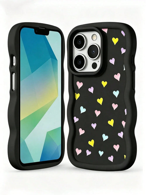 1pc Black Minimalist Macaron Heart Wave Matte European & American Style Personalized Girls Macaron Color Full Coverage Shockproof Fresh Colorful Wave Shape Cream Style, Compatible With Apple 17/17Pro