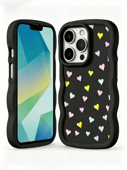 1pc Black Minimalist Macaron Heart Wave Matte European & American Style Personalized Girls Macaron Color Full Coverage Shockproof Fresh Colorful Wave Shape Cream Style, Compatible With Apple 17/17Pro