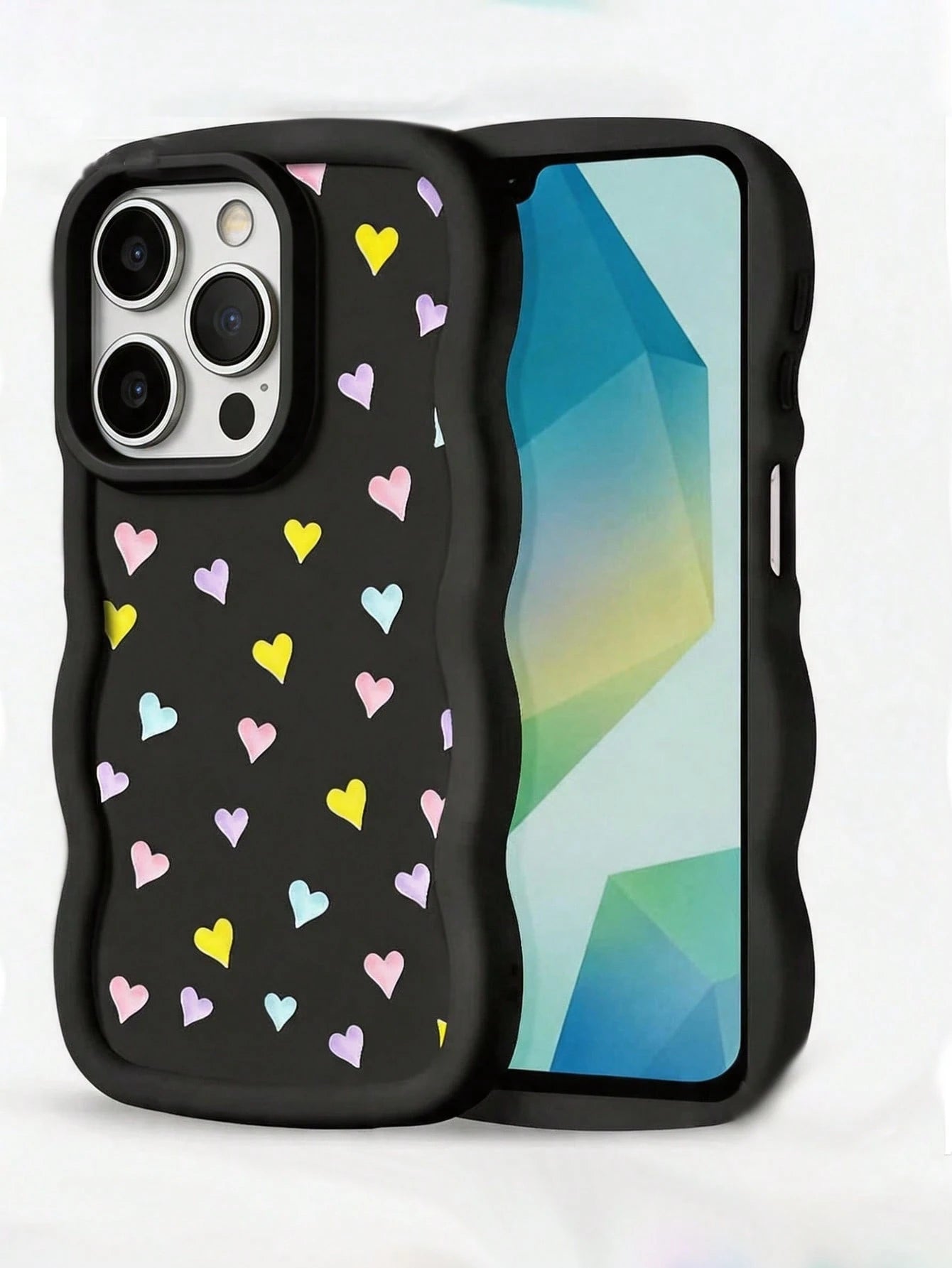 1pc Black Minimalist Macaron Heart Wave Matte European & American Style Personalized Girls Macaron Color Full Coverage Shockproof Fresh Colorful Wave Shape Cream Style, Compatible With Apple 17/17Pro