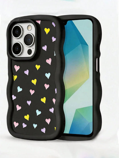 1pc Black Minimalist Macaron Heart Wave Matte European & American Style Personalized Girls Macaron Color Full Coverage Shockproof Fresh Colorful Wave Shape Cream Style, Compatible With Apple 17/17Pro