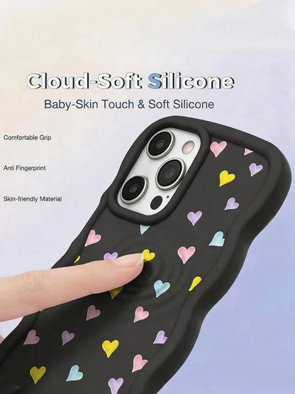 1pc Black Minimalist Macaron Heart Wave Matte European & American Style Personalized Girls Macaron Color Full Coverage Shockproof Fresh Colorful Wave Shape Cream Style, Compatible With Apple 17/17Pro