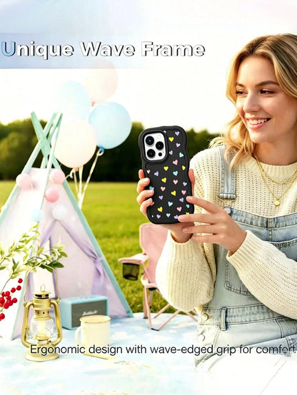 1pc Black Minimalist Macaron Heart Wave Matte European & American Style Personalized Girls Macaron Color Full Coverage Shockproof Fresh Colorful Wave Shape Cream Style, Compatible With Apple 17/17Pro