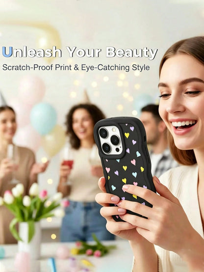 1pc Black Minimalist Macaron Heart Wave Matte European & American Style Personalized Girls Macaron Color Full Coverage Shockproof Fresh Colorful Wave Shape Cream Style, Compatible With Apple 17/17Pro