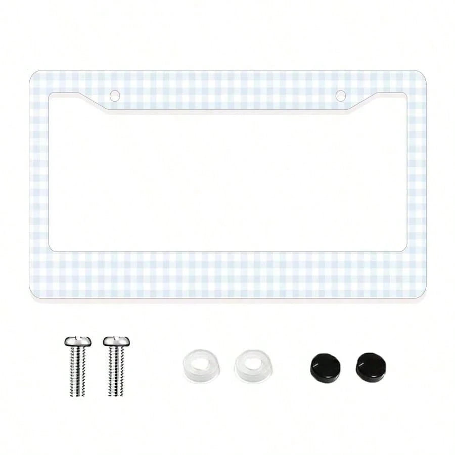 1pc Blue And White Checkered Pattern Aluminum License Plate Frame, 6x12 Inches, 2-Hole Design With Screw Kit, Retro And Fun Car Decor Accessory Auto Styling, Car Enthusiasts, USA Standard Size Univers
