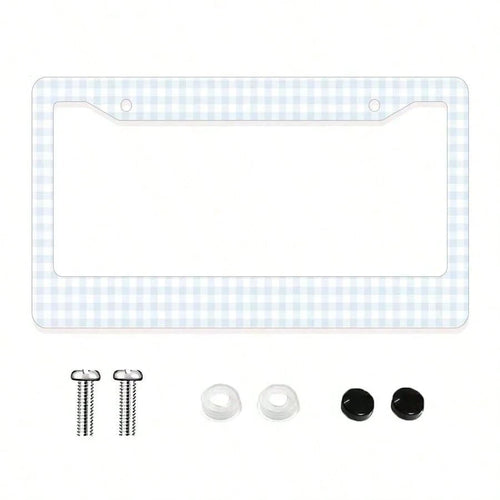 1pc Blue And White Checkered Pattern Aluminum License Plate Frame, 6x12 Inches, 2-Hole Design With Screw Kit, Retro And Fun Car Decor Accessory Auto Styling, Car Enthusiasts, USA Standard Size Univers