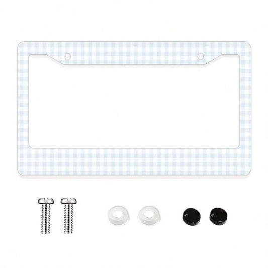 1pc Blue And White Checkered Pattern Aluminum License Plate Frame, 6x12 Inches, 2-Hole Design With Screw Kit, Retro And Fun Car Decor Accessory Auto Styling, Car Enthusiasts, USA Standard Size Univers