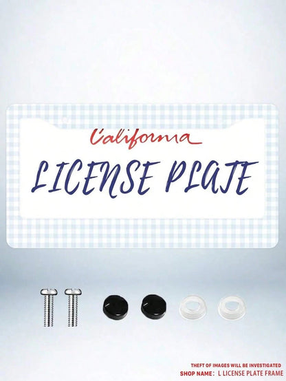 1pc Blue And White Checkered Pattern Aluminum License Plate Frame, 6x12 Inches, 2-Hole Design With Screw Kit, Retro And Fun Car Decor Accessory Auto Styling, Car Enthusiasts, USA Standard Size Univers