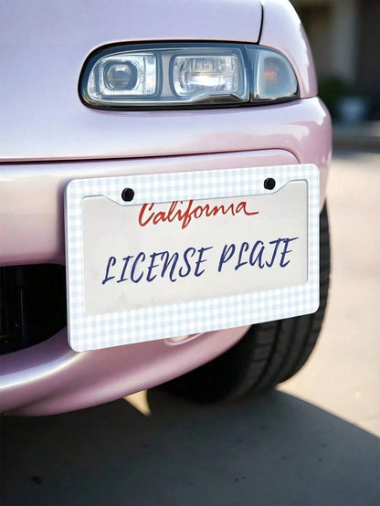 1pc Blue And White Checkered Pattern Aluminum License Plate Frame, 6x12 Inches, 2-Hole Design With Screw Kit, Retro And Fun Car Decor Accessory Auto Styling, Car Enthusiasts, USA Standard Size Univers