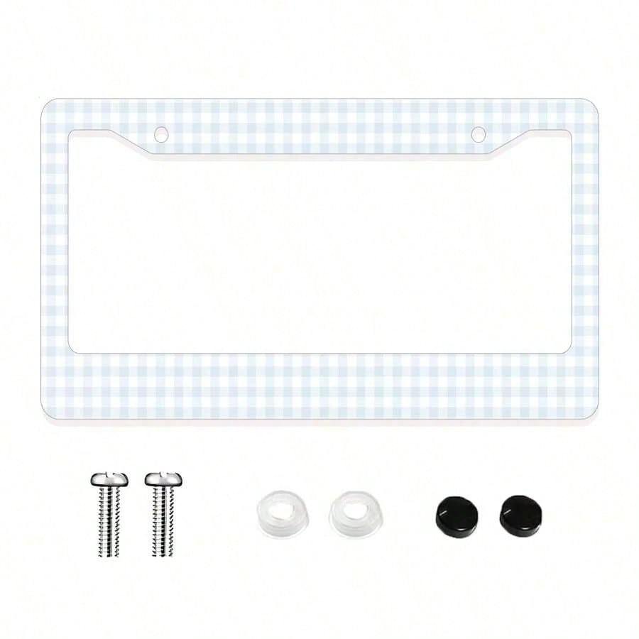 1pc Blue And White Checkered Pattern Aluminum License Plate Frame, 6x12 Inches, 2-Hole Design With Screw Kit, Retro And Fun Car Decor Accessory Auto Styling, Car Enthusiasts, USA Standard Size Univers