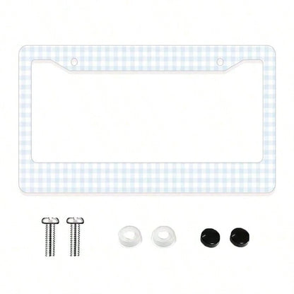 1pc Blue And White Checkered Pattern Aluminum License Plate Frame, 6x12 Inches, 2-Hole Design With Screw Kit, Retro And Fun Car Decor Accessory Auto Styling, Car Enthusiasts, USA Standard Size Univers