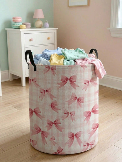 1pc Bow Pattern Printed Large Capacity Foldable Round Storage Basket With Handle, Multi-Purpose Storage Basket For Nursery, Baby Diaper, Clothes, Toys And Other Accessories