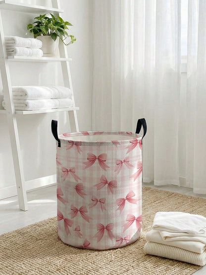 1pc Bow Pattern Printed Large Capacity Foldable Round Storage Basket With Handle, Multi-Purpose Storage Basket For Nursery, Baby Diaper, Clothes, Toys And Other Accessories