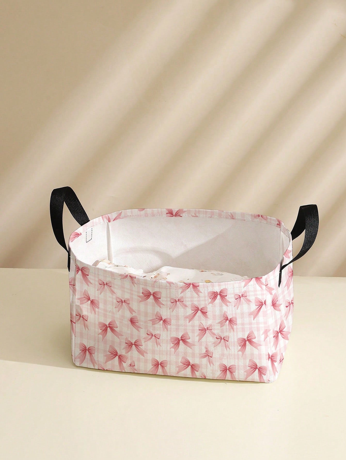 1pc Bow Pattern Printed Large Capacity Foldable Round Storage Basket With Handle, Multi-Purpose Storage Basket For Nursery, Baby Diaper, Clothes, Toys And Other Accessories