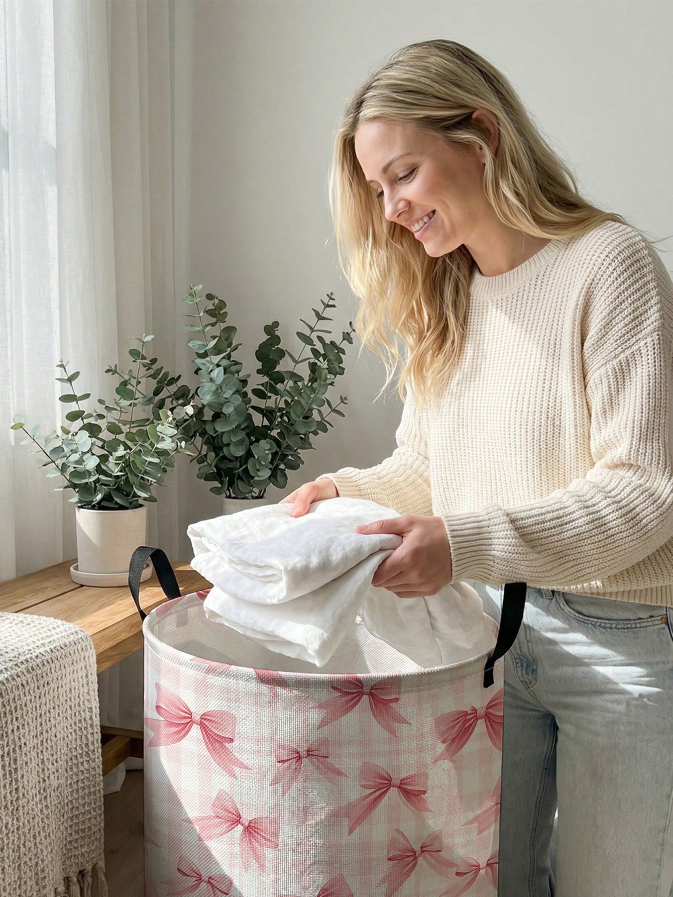 1pc Bow Pattern Printed Large Capacity Foldable Round Storage Basket With Handle, Multi-Purpose Storage Basket For Nursery, Baby Diaper, Clothes, Toys And Other Accessories