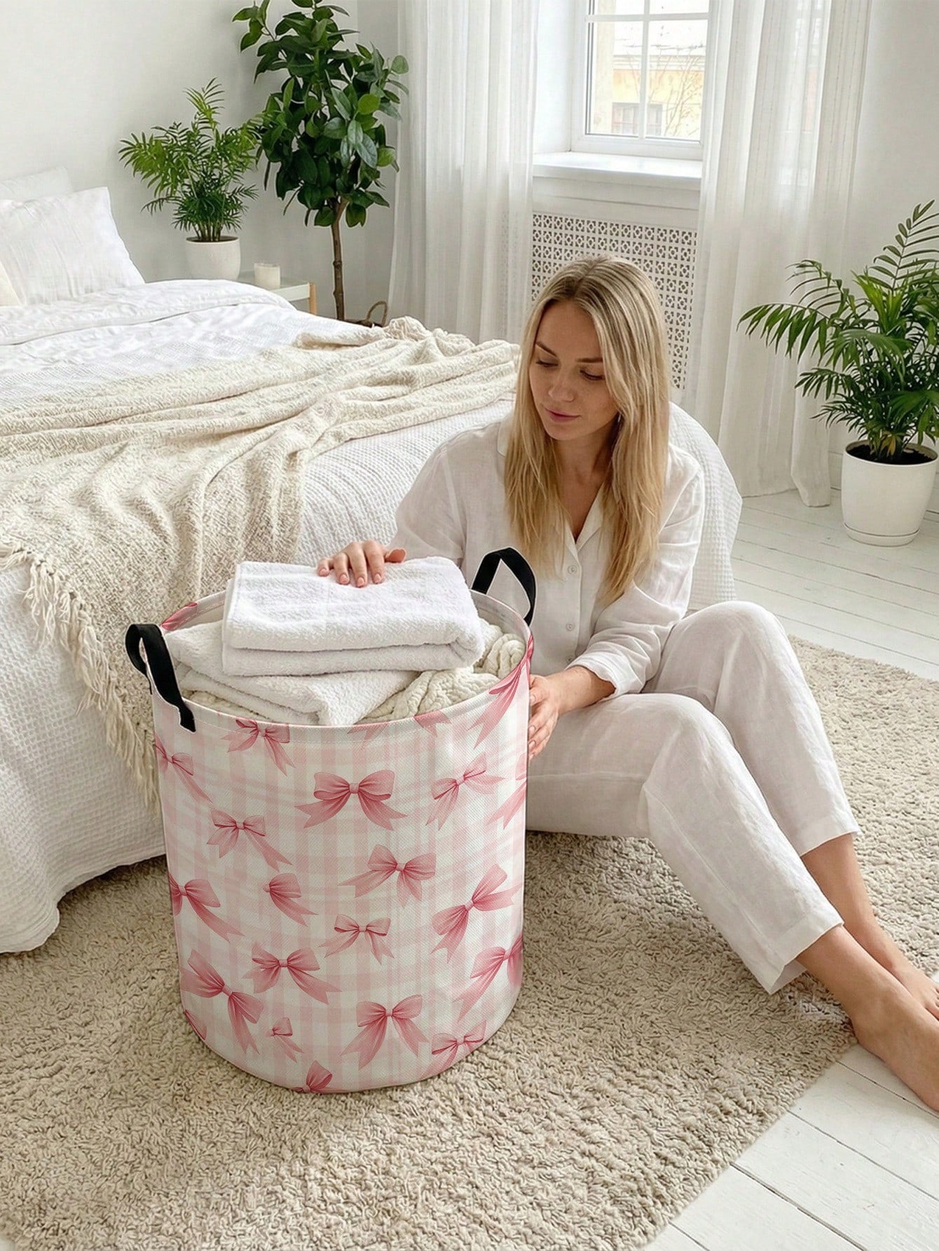 1pc Bow Pattern Printed Large Capacity Foldable Round Storage Basket With Handle, Multi-Purpose Storage Basket For Nursery, Baby Diaper, Clothes, Toys And Other Accessories