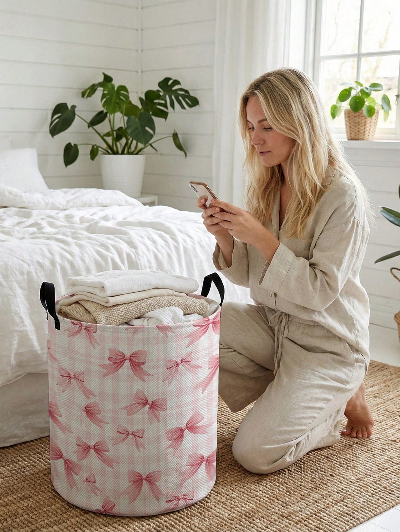 1pc Bow Pattern Printed Large Capacity Foldable Round Storage Basket With Handle, Multi-Purpose Storage Basket For Nursery, Baby Diaper, Clothes, Toys And Other Accessories