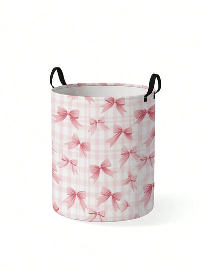 1pc Bow Pattern Printed Large Capacity Foldable Round Storage Basket With Handle, Multi-Purpose Storage Basket For Nursery, Baby Diaper, Clothes, Toys And Other Accessories