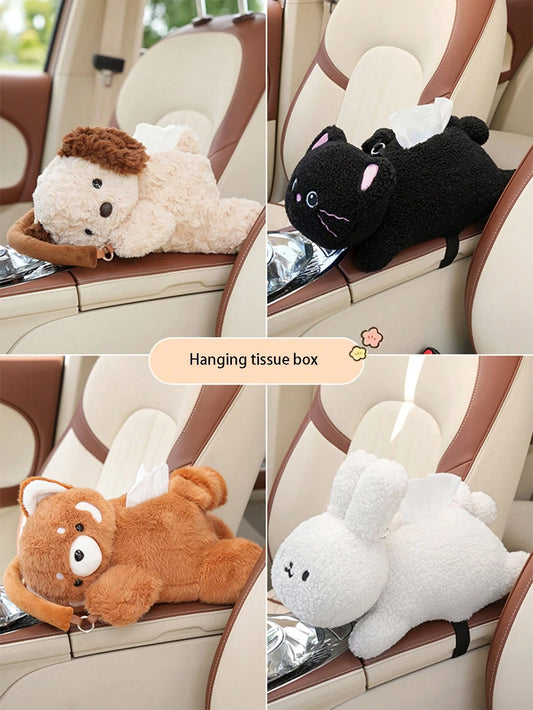 1pc Car Tissue Box Creative Plush Car Multifunctional Hanging Drawer Box Cartoon Armrest Box Car Tissue Drawer