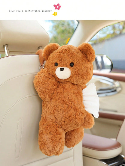 1pc Car Tissue Box Creative Plush Car Multifunctional Hanging Drawer Box Cartoon Armrest Box Car Tissue Drawer
