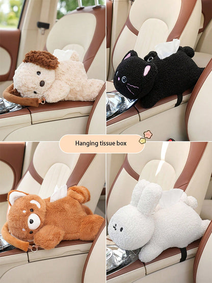 1pc Car Tissue Box Creative Plush Car Multifunctional Hanging Drawer Box Cartoon Armrest Box Car Tissue Drawer