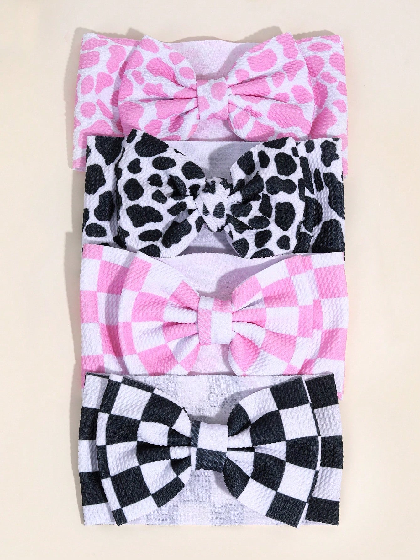 1pc Checkerboard Bow Baby Headband, Pink & White Cow Print Headband, Suitable For Toddlers, Infants And Newborns, Cute Hair Accessory, Elastic Headband, Racing Bow Headband, Elastic Headwrap, Children