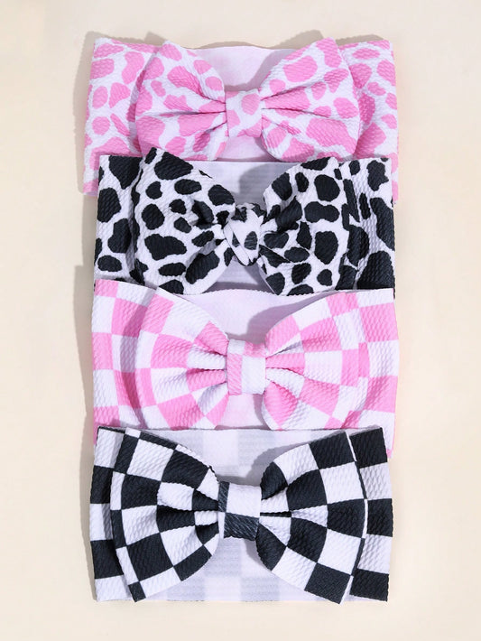 1pc Checkerboard Bow Baby Headband, Pink & White Cow Print Headband, Suitable For Toddlers, Infants And Newborns, Cute Hair Accessory, Elastic Headband, Racing Bow Headband, Elastic Headwrap, Children