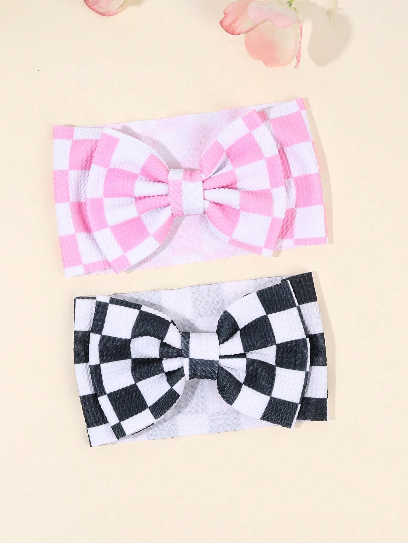 1pc Checkerboard Bow Baby Headband, Pink & White Cow Print Headband, Suitable For Toddlers, Infants And Newborns, Cute Hair Accessory, Elastic Headband, Racing Bow Headband, Elastic Headwrap, Children