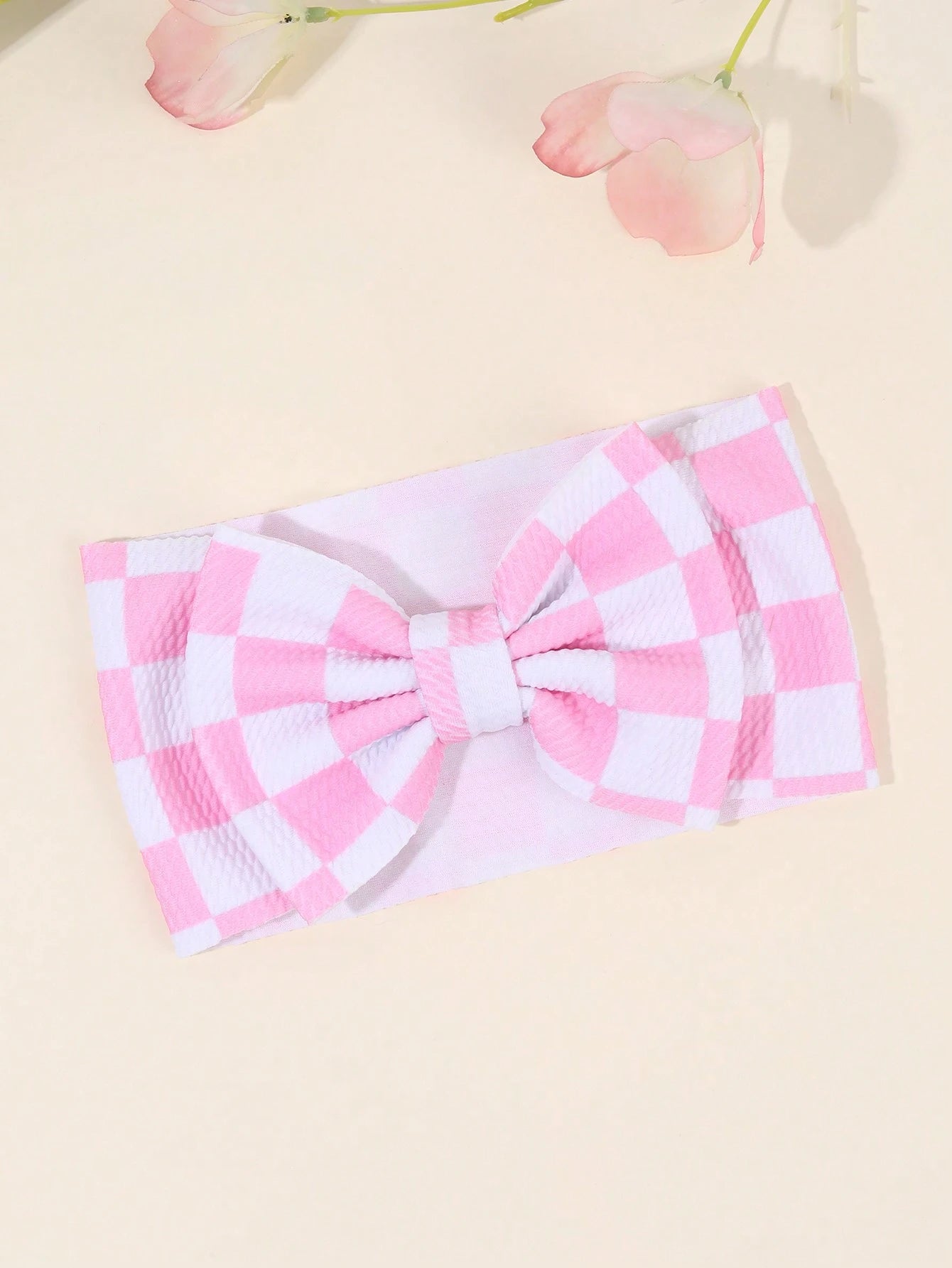 1pc Checkerboard Bow Baby Headband, Pink & White Cow Print Headband, Suitable For Toddlers, Infants And Newborns, Cute Hair Accessory, Elastic Headband, Racing Bow Headband, Elastic Headwrap, Children