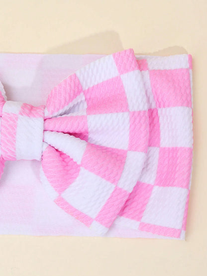 1pc Checkerboard Bow Baby Headband, Pink & White Cow Print Headband, Suitable For Toddlers, Infants And Newborns, Cute Hair Accessory, Elastic Headband, Racing Bow Headband, Elastic Headwrap, Children