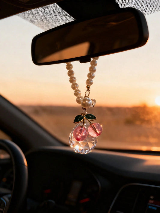 1pc Cherry Crystal Ball Car Interior Pendant Rearview Mirror Hanging Decor