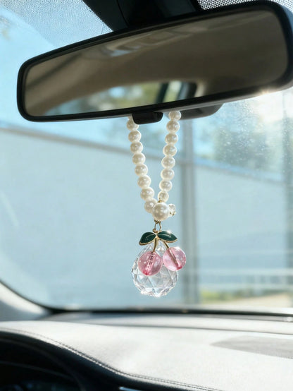 1pc Cherry Crystal Ball Car Interior Pendant Rearview Mirror Hanging Decor
