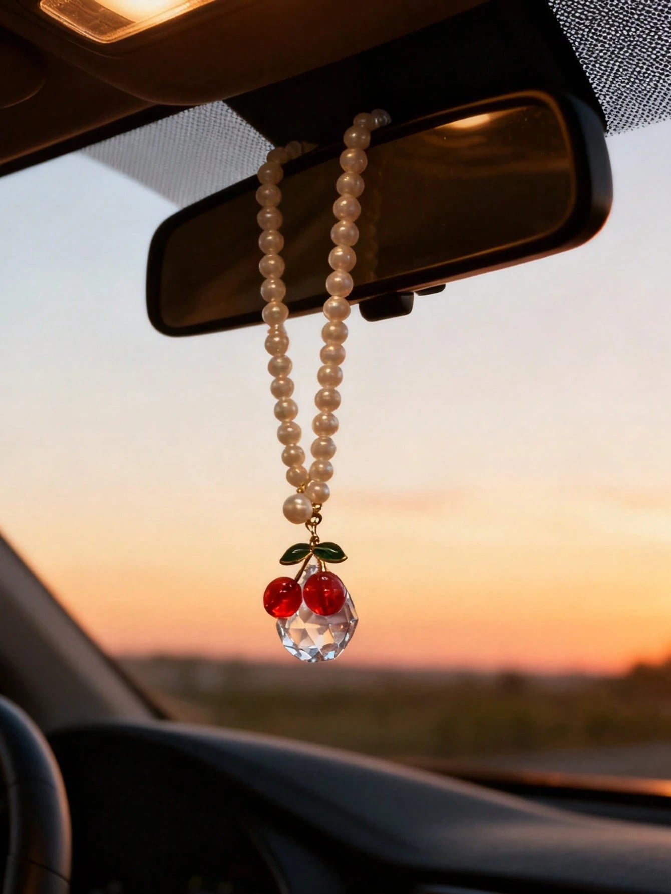 1pc Cherry Crystal Ball Car Interior Pendant Rearview Mirror Hanging Decor