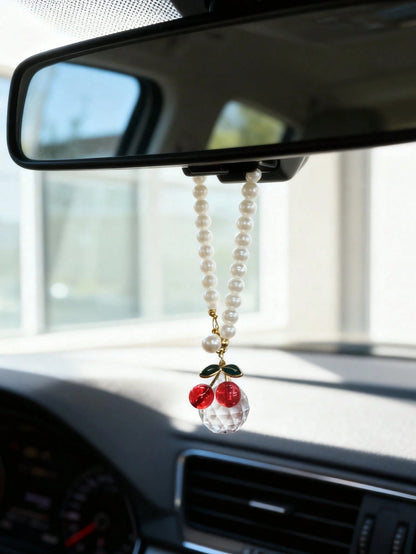 1pc Cherry Crystal Ball Car Interior Pendant Rearview Mirror Hanging Decor