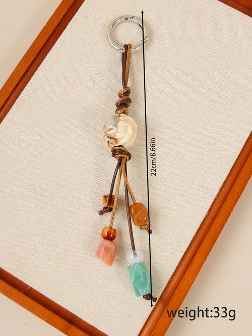 1pc Colorful Beaded Keychain For Women's Bags- Metal Key Ring With Resin Beads, Vibrant Green, Blue, Orange And White Design, Durable And Fashionable, Suitable As Key, Wallet And Handbag Charm, Playf