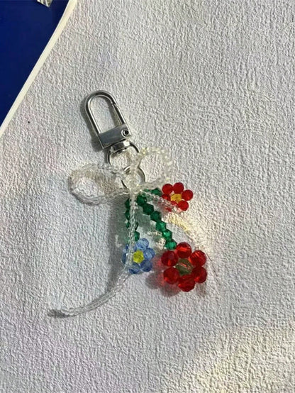 1pc Colorful Flower Beaded Bowknot Keyring Phone Charm Fashionable Woman Small Earphone And Bag Pendant Sweet Style Summer Bows