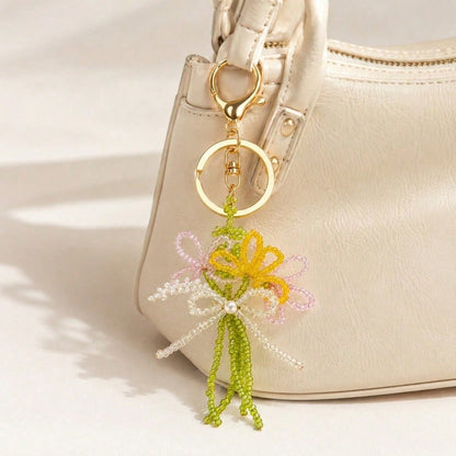 1pc Colorful Flower Beaded Bowknot Keyring Phone Charm Fashionable Woman Small Earphone And Bag Pendant Sweet Style Summer Bows