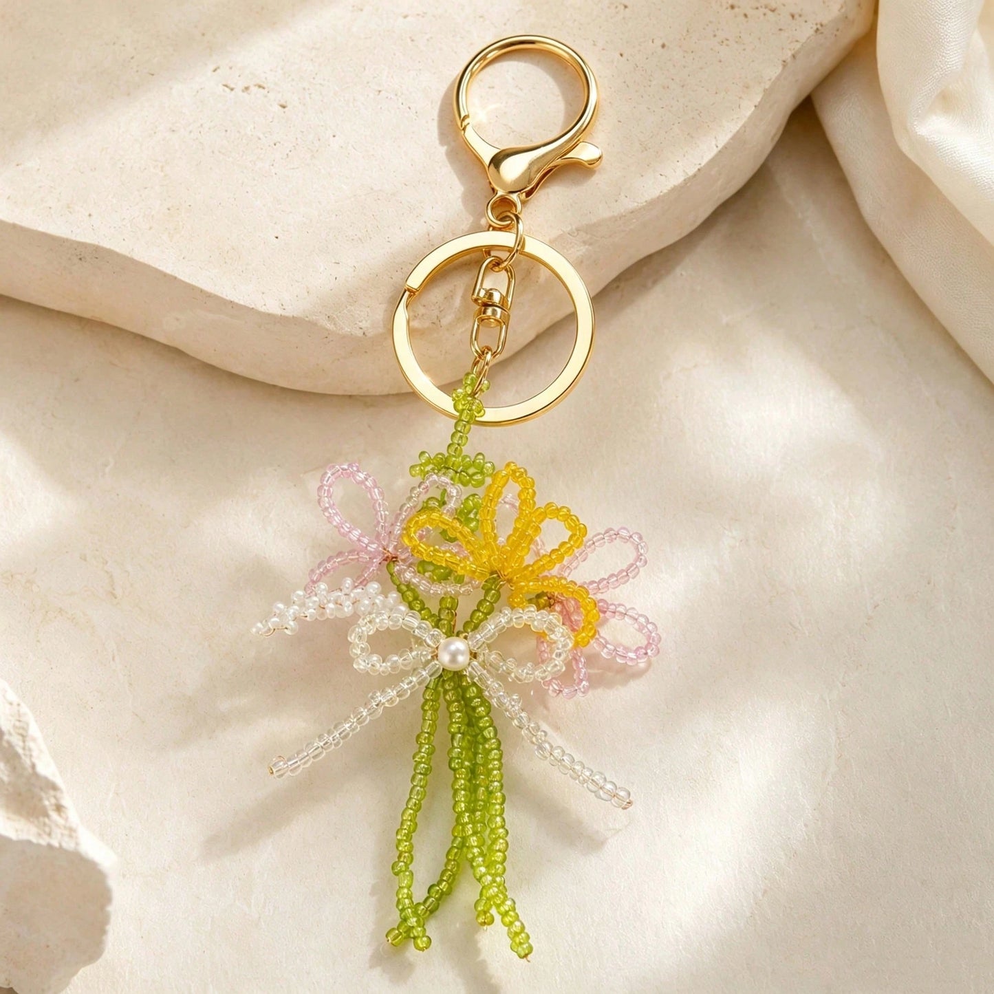 1pc Colorful Flower Beaded Bowknot Keyring Phone Charm Fashionable Woman Small Earphone And Bag Pendant Sweet Style Summer Bows
