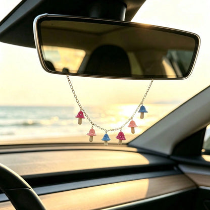 1pc Colorful Mushroom Charm Metal Chain Car Rearview Mirror Hanging Ornament, Cute Style Auto Interior Decor Vehicle Accessory