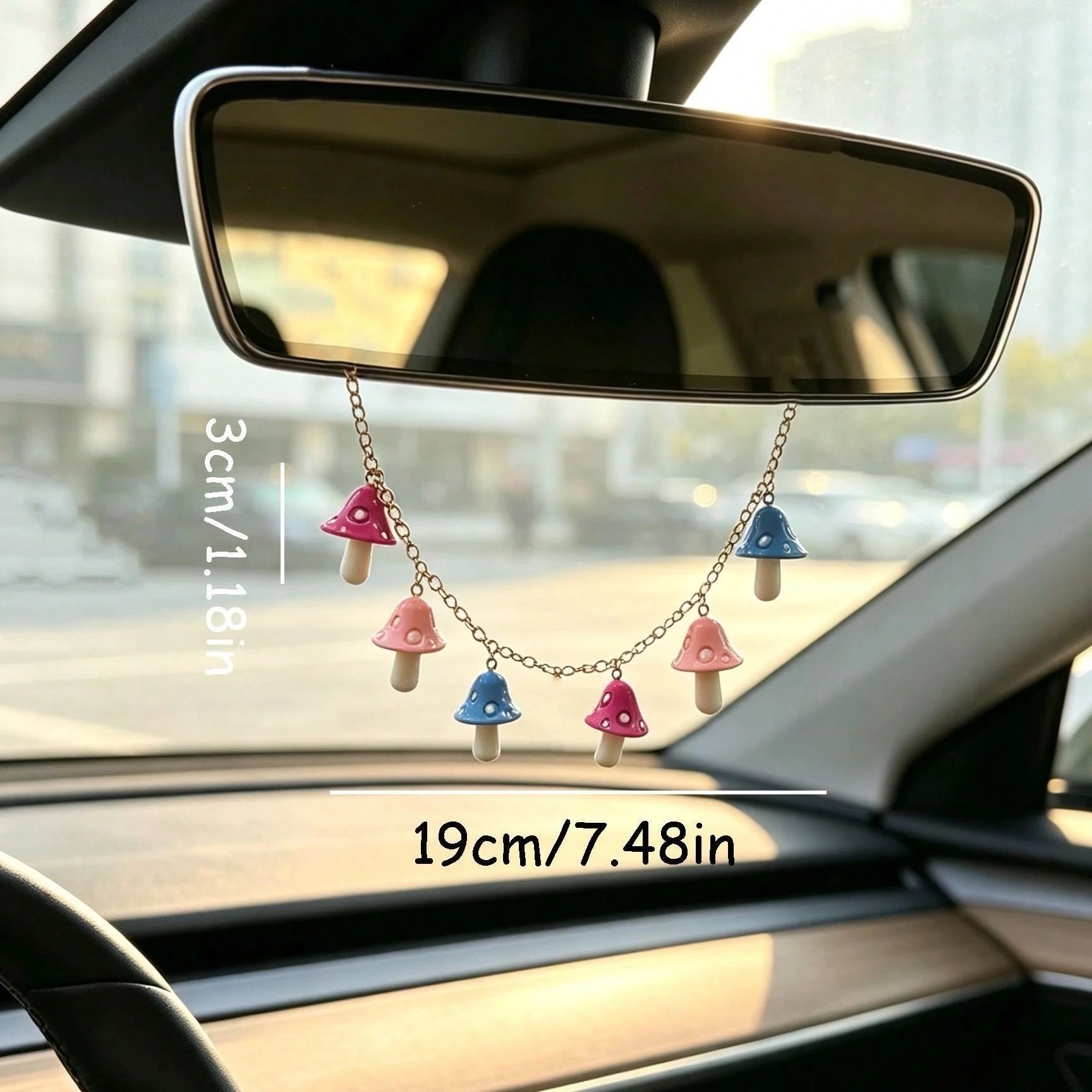 1pc Colorful Mushroom Charm Metal Chain Car Rearview Mirror Hanging Ornament, Cute Style Auto Interior Decor Vehicle Accessory