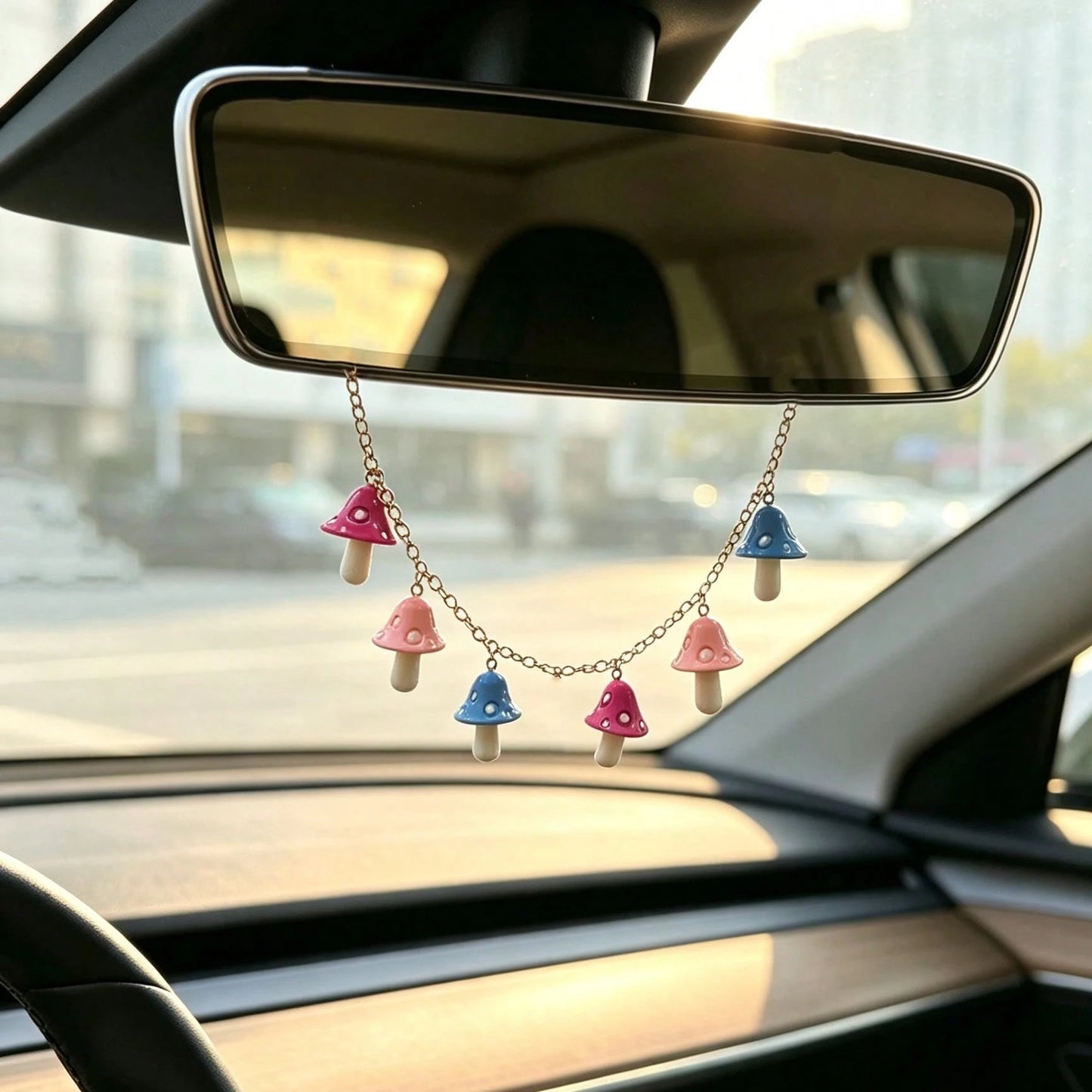 1pc Colorful Mushroom Charm Metal Chain Car Rearview Mirror Hanging Ornament, Cute Style Auto Interior Decor Vehicle Accessory