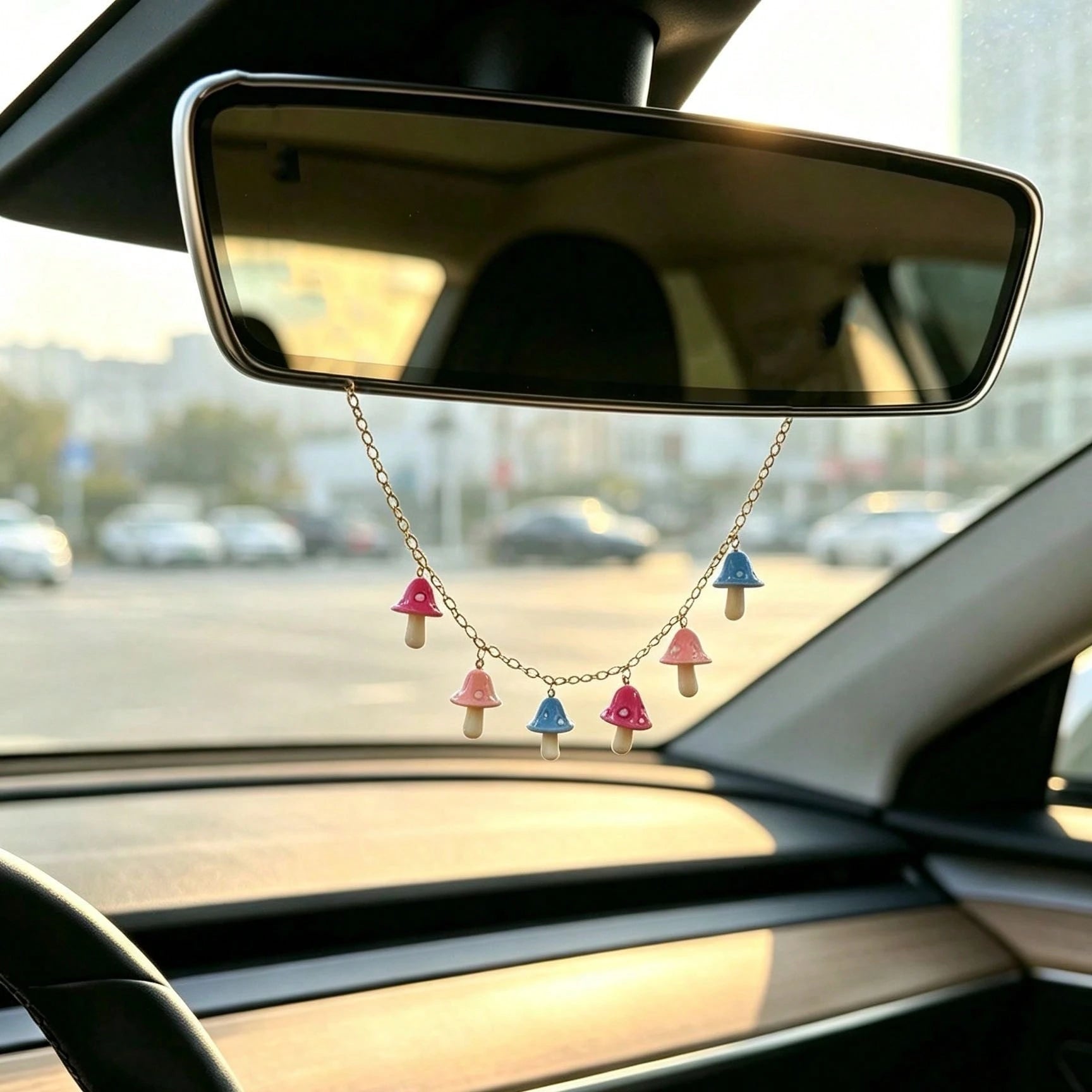1pc Colorful Mushroom Charm Metal Chain Car Rearview Mirror Hanging Ornament, Cute Style Auto Interior Decor Vehicle Accessory