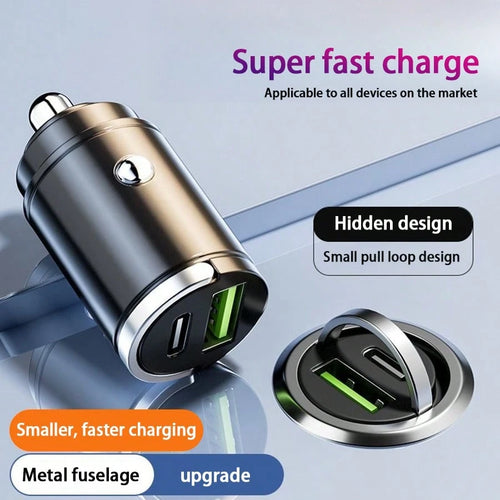 1pc Compact Yet Powerful Mini Car Charger, Made Of Premium Aluminum Alloy Body, With 1 USB-A And 1 Type-C Port, 12-24V Fast Car Charging Adapter Suitable For Various Phones, Compact Design Makes It A