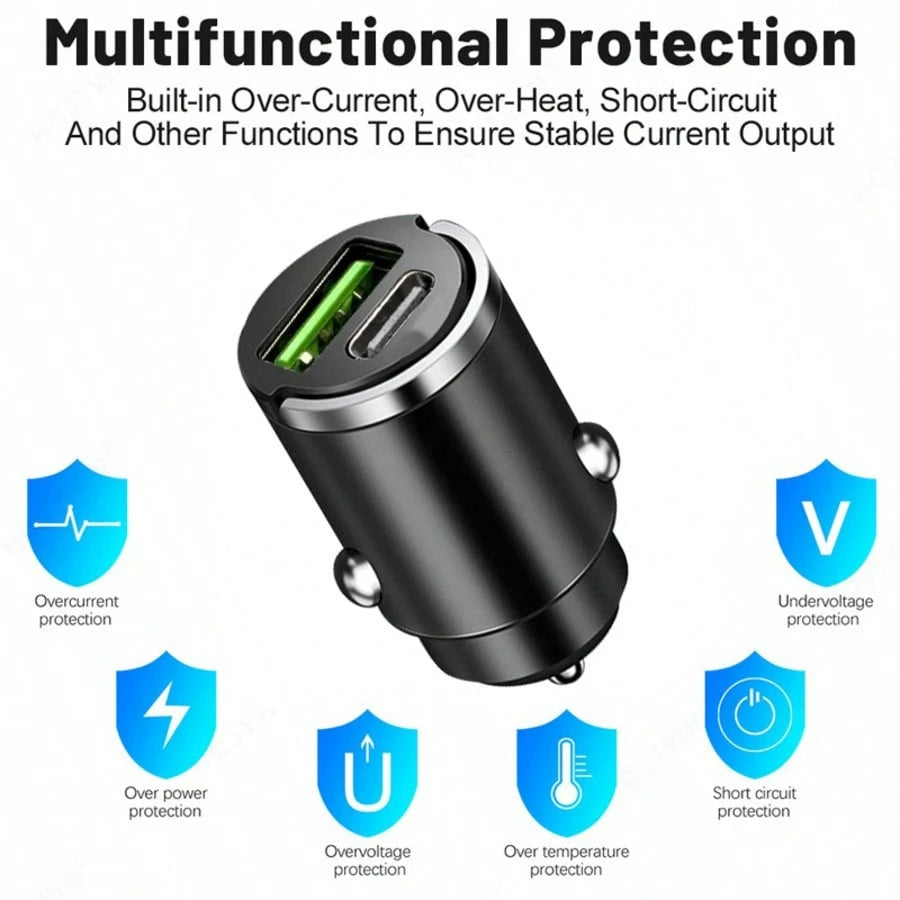 1pc Compact Yet Powerful Mini Car Charger, Made Of Premium Aluminum Alloy Body, With 1 USB-A And 1 Type-C Port, 12-24V Fast Car Charging Adapter Suitable For Various Phones, Compact Design Makes It A
