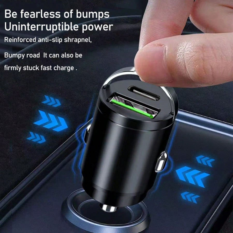 1pc Compact Yet Powerful Mini Car Charger, Made Of Premium Aluminum Alloy Body, With 1 USB-A And 1 Type-C Port, 12-24V Fast Car Charging Adapter Suitable For Various Phones, Compact Design Makes It A