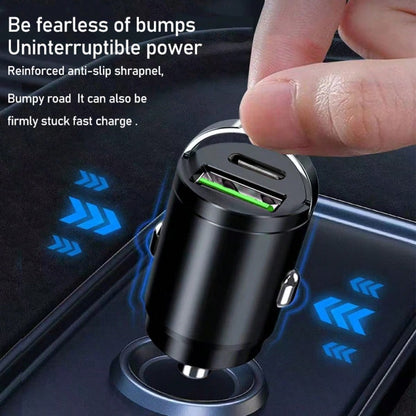 1pc Compact Yet Powerful Mini Car Charger, Made Of Premium Aluminum Alloy Body, With 1 USB-A And 1 Type-C Port, 12-24V Fast Car Charging Adapter Suitable For Various Phones, Compact Design Makes It A
