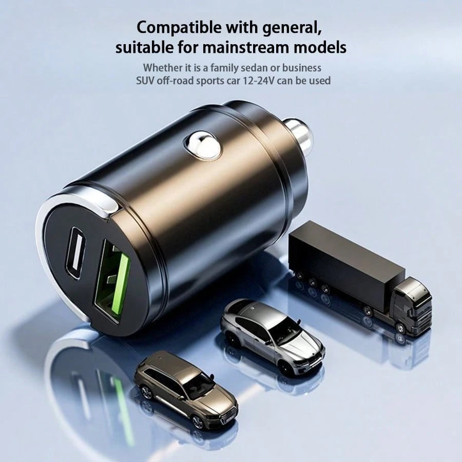 1pc Compact Yet Powerful Mini Car Charger, Made Of Premium Aluminum Alloy Body, With 1 USB-A And 1 Type-C Port, 12-24V Fast Car Charging Adapter Suitable For Various Phones, Compact Design Makes It A