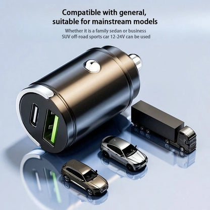 1pc Compact Yet Powerful Mini Car Charger, Made Of Premium Aluminum Alloy Body, With 1 USB-A And 1 Type-C Port, 12-24V Fast Car Charging Adapter Suitable For Various Phones, Compact Design Makes It A