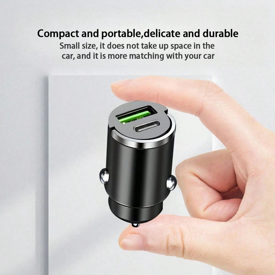 1pc Compact Yet Powerful Mini Car Charger, Made Of Premium Aluminum Alloy Body, With 1 USB-A And 1 Type-C Port, 12-24V Fast Car Charging Adapter Suitable For Various Phones, Compact Design Makes It A
