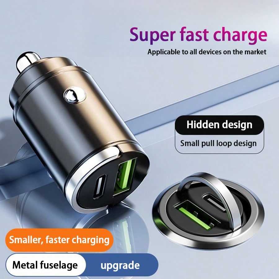 1pc Compact Yet Powerful Mini Car Charger, Made Of Premium Aluminum Alloy Body, With 1 USB-A And 1 Type-C Port, 12-24V Fast Car Charging Adapter Suitable For Various Phones, Compact Design Makes It A